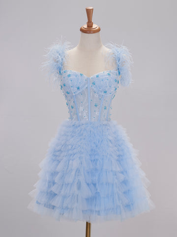 Olivia Light Blue Short Homecoming Dress with Feather