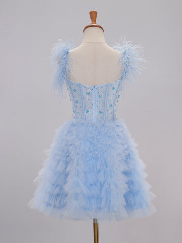Olivia Light Blue Short Homecoming Dress with Feather