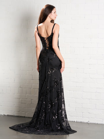 Lucille Black Sequins Long Prom Dress With Slit