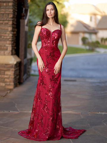 Lucille Red Sequins Long Prom Dress With Slit