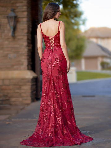 Lucille Red Sequins Long Prom Dress With Slit
