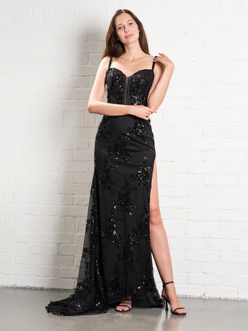 Lucille Black Sequins Long Prom Dress With Slit