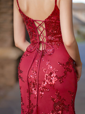 Lucille Red Sequins Long Prom Dress With Slit